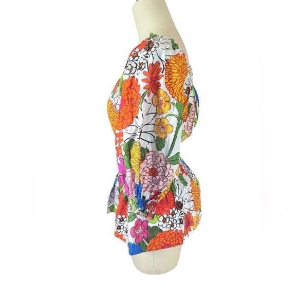 Cara Cara Heidi Smocked Top Shirt Womens S Blue Red Floral Peplum Cotton - Picture 4 of 6